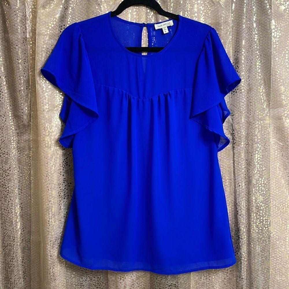Faith & Joy royal blue flutter sleeve chiffon blouse, size S, oversized